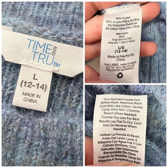 Time & Tru Metallic Knit Sweater Puff Sleeve Blue Size Large - Picture 3 of 8